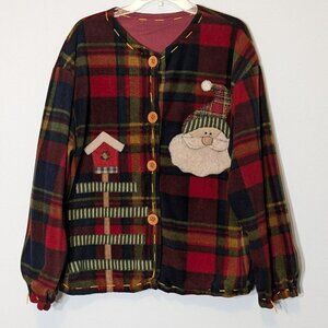 Burgundy Plaid Button Christmas Holiday Fleece Cardigan; Santa Claus; Size L-XL